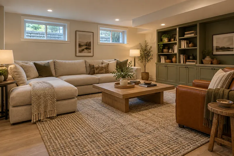 Finished basement family room with high windows and comfortable seating — AI-generated design inspiration