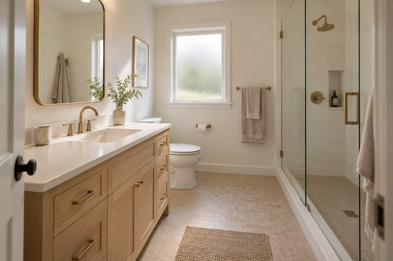 Light oak bathroom vanity beside a glass-enclosed tile shower — AI-generated design inspiration