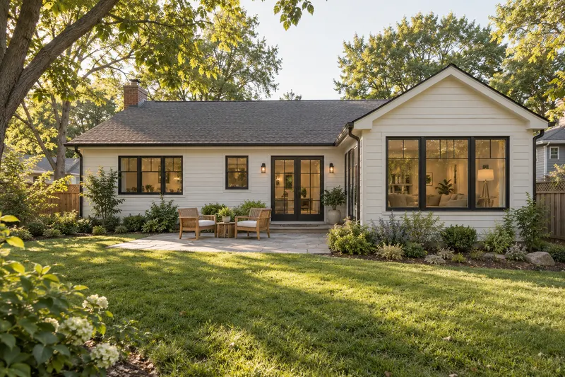 White-sided home with a family-room addition opening onto a garden patio — AI-generated design inspiration