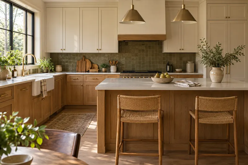 Warm oak kitchen with cream cabinetry, a quartz island and woven stools — AI-generated design inspiration